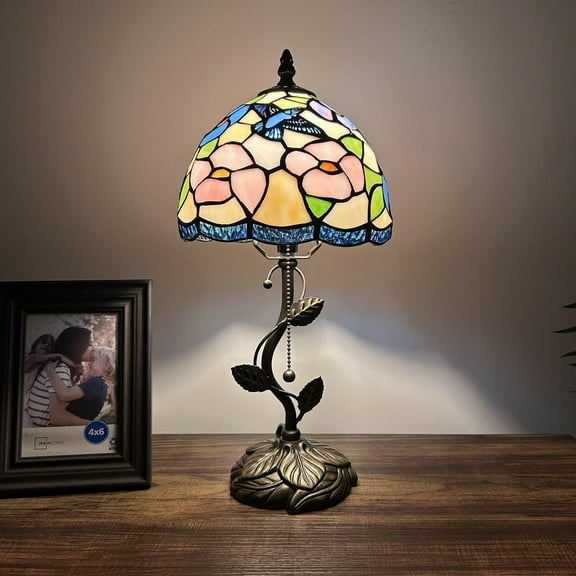 Tiffany Table Lamp Blue Pink Stained Glass Hummingbird Flowers LED Bulb Included for Living Room Bedroom Bedside 8"W*8"D*16"H