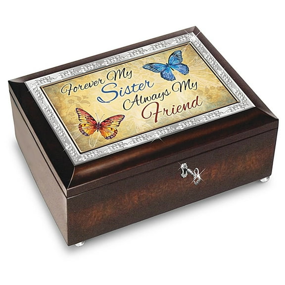 The Bradford Exchange Forever My Sister, Always My Friend Music Box with Poem Card Handcrafted Mahogany-Finished with Butterfly Art Plays "You Are My Sunshine" 4-inches
