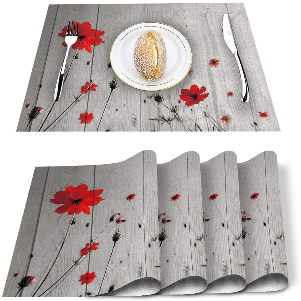 Poppies Flower Red Floral on White Placemat Table Mats Set of 6 Heat Resistant Stain Washable Kitchen Place Mats Non Slip Vinyl Placemat for Dining Table Decoration