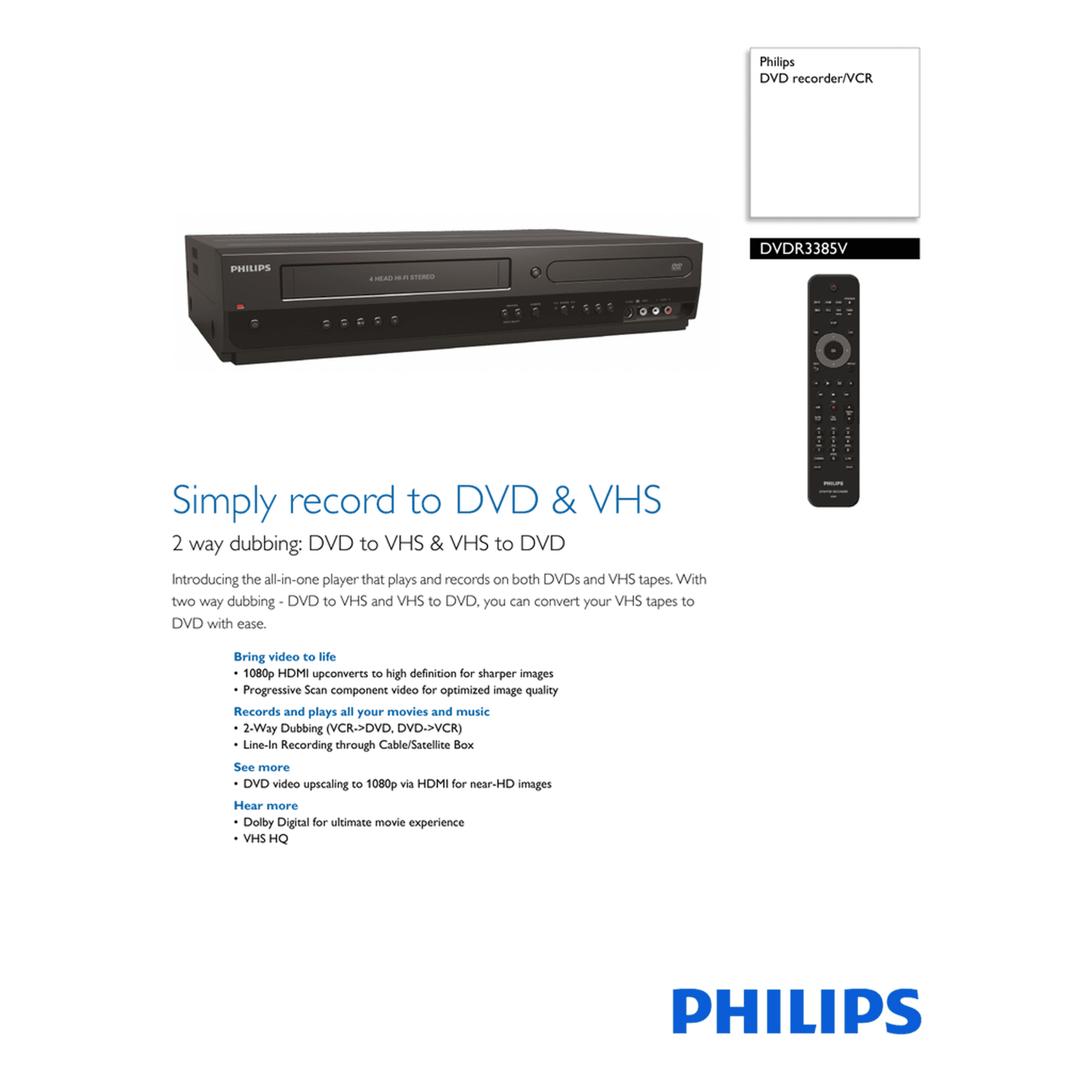 Philips DVDR3385V DVD VCR Combo HDMI (New) - Walmart.com