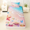 thumbnail image 3 of Castle Fairy Kawaii Pastel Beach Scene Twin Sheets 3pcs,Crab Butterfly Seashell Sand Print Bedding,Pink Sky,1 Fitted Sheet,1 Flat Sheet and 1 Pillowcase, 3 of 6