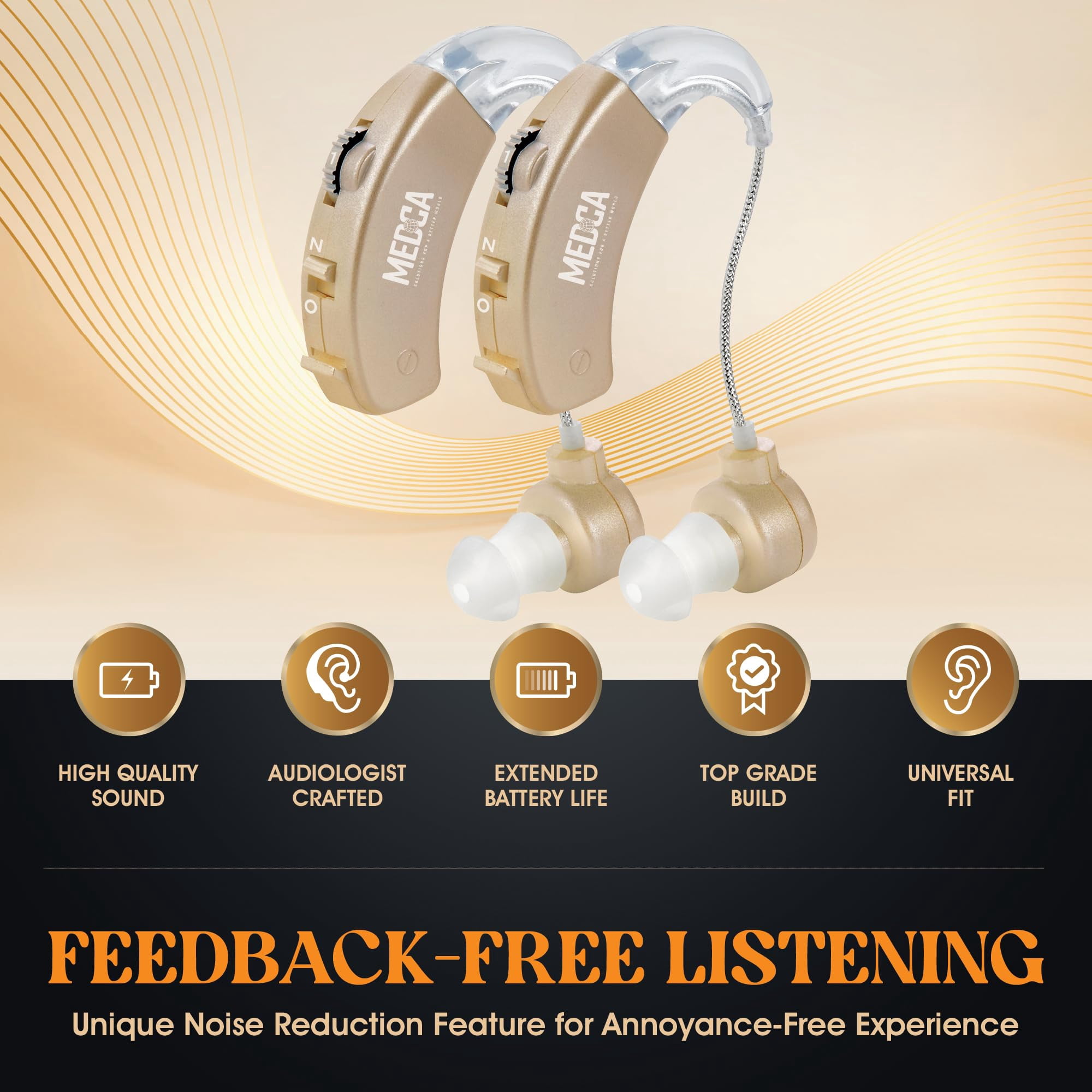 MEDca Behind The Ear Personal Sound Amplifier – Digital Sound Enhancer with Noise Reduction, Gold