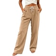 thumbnail image 2 of Women's Solid Corduroy Wide Leg Pants High Waist Drawstring Elastic Waist Comfy Casual Lounge Trousers with Pockets Khaki XL, 2 of 6