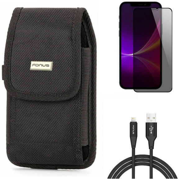Privacy Screen Protector & 6ft USB Cable & Case Belt Clip for iPhone 13 Pro Max ONLY - Tempered Glass Curved Anti-Spy   Charger Cord Power Wire   Swivel Holster Rugged Combo