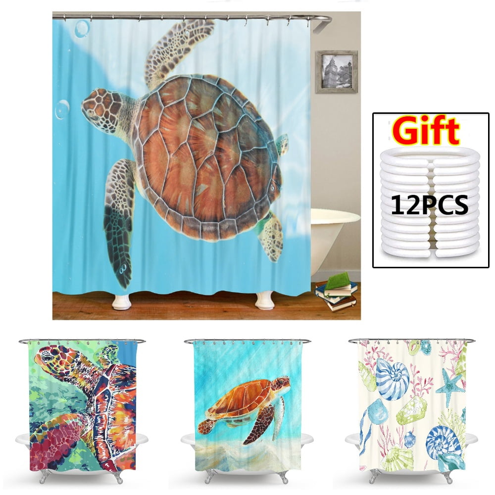 Nautical Green Sea Turtles Beach Theme Fabric Shower Curtain Sets, 72 x 72 Inch Teal