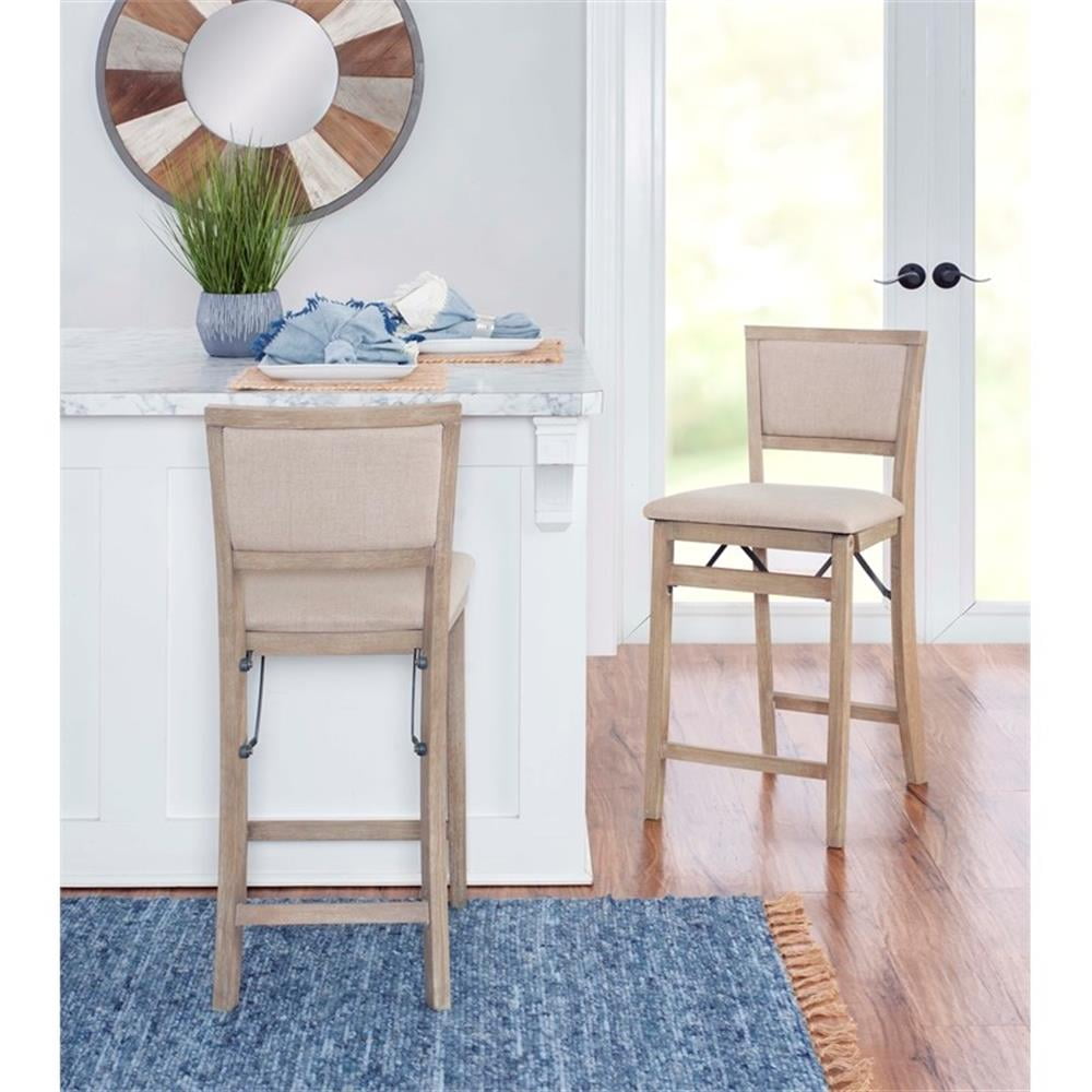 Linon Keira Folding Counter Stool Fabric Padded Back Seat in Graywash Wood Walmart