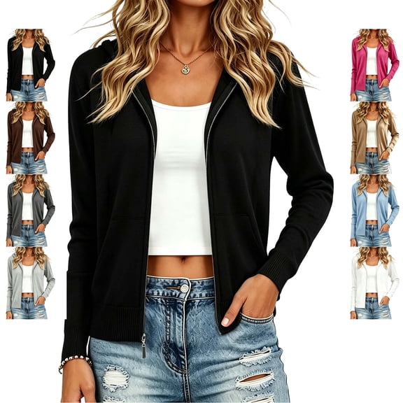 TGSLY Women's Hooded Sweater Jacket Lightweight Soft Zip Up Long Sleeve Cardigan Coat Loose Dressy Casual Solid Color Fall Hoodies L