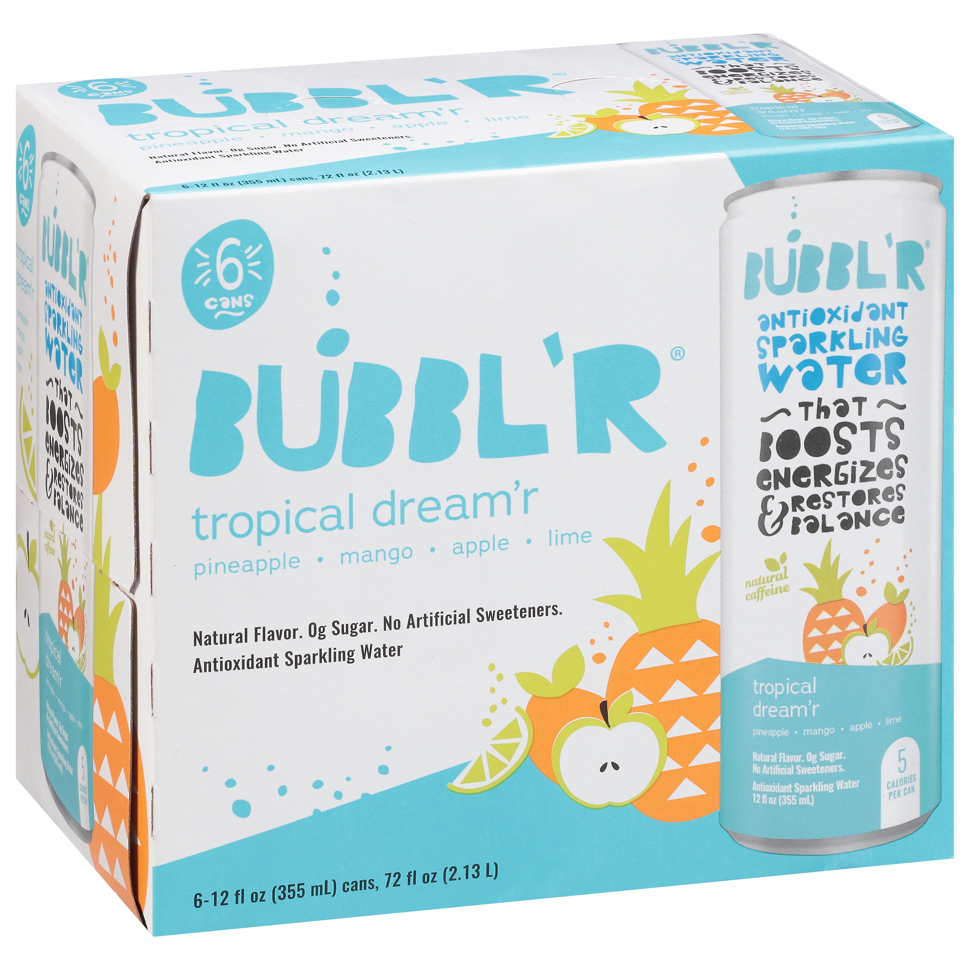(4 pack) BUBBL'R Antioxidant Sparkling Water, Tropical Dream'r, 12 fl oz, 6 Pack Cans