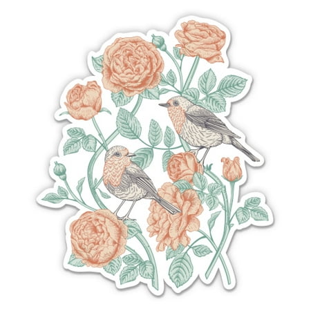 Vintage Style Floral Roses and Birds - 3" Vinyl Sticker - For Car Laptop I-Pad Phone Helmet Hard Hat - Waterproof Decal
