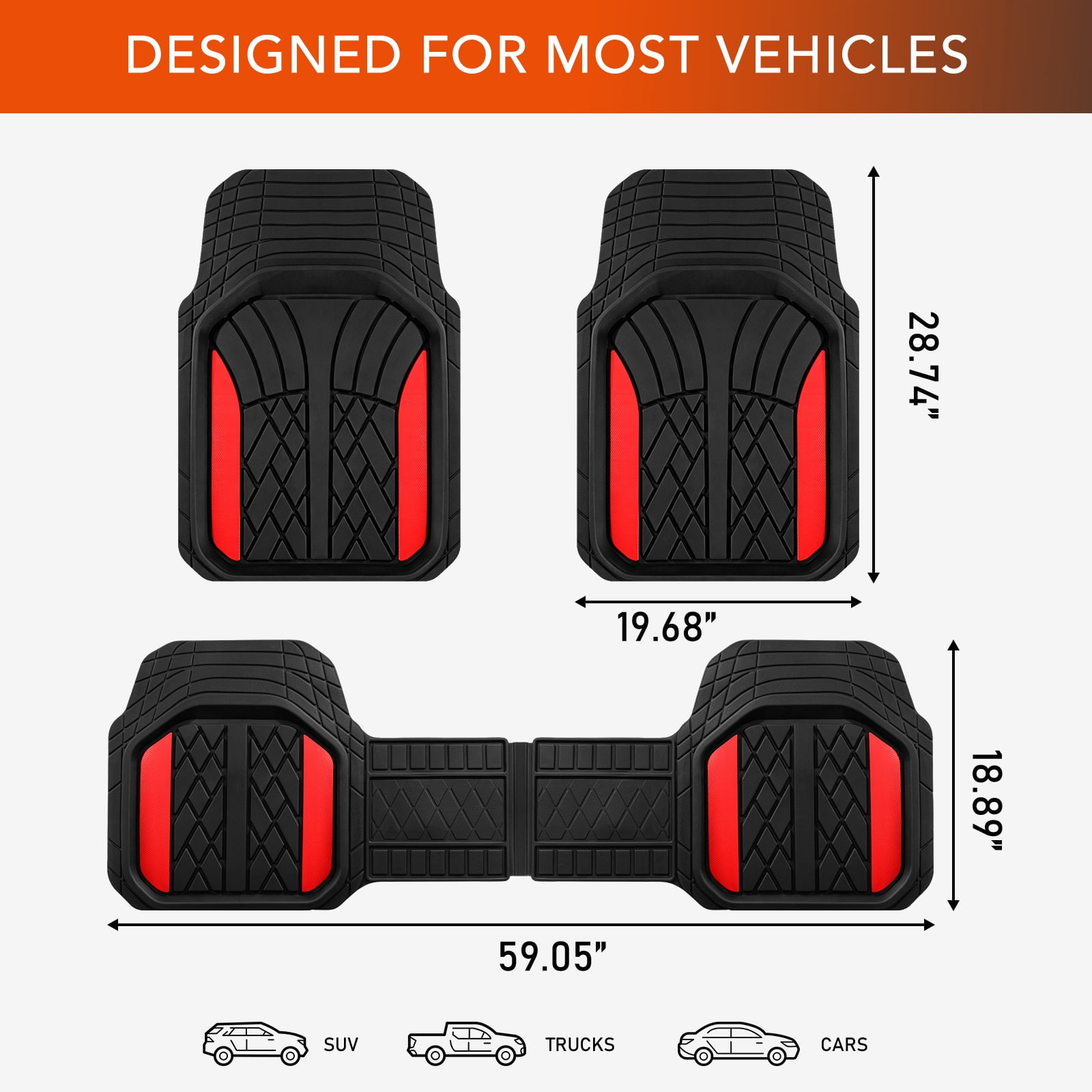 Ozark Trail Rubber Car Floor Mats, Heavy Duty Rubber Floor Mats, Injection Molded Aluminum Film, Trim-to-Fit All Weather Mats, Waterproof Easy-Clean Front and Rear Interior Protection, 3 Piece Red