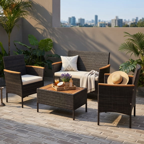 Hommoo 4-Piece Outdoor Wicker Patio Sofa Set, PE Rattan Armchairs, Loveseat & Coffee Table with Cushions, Heavy-Duty Metal Frame & Acacia Wood Accents, Brown