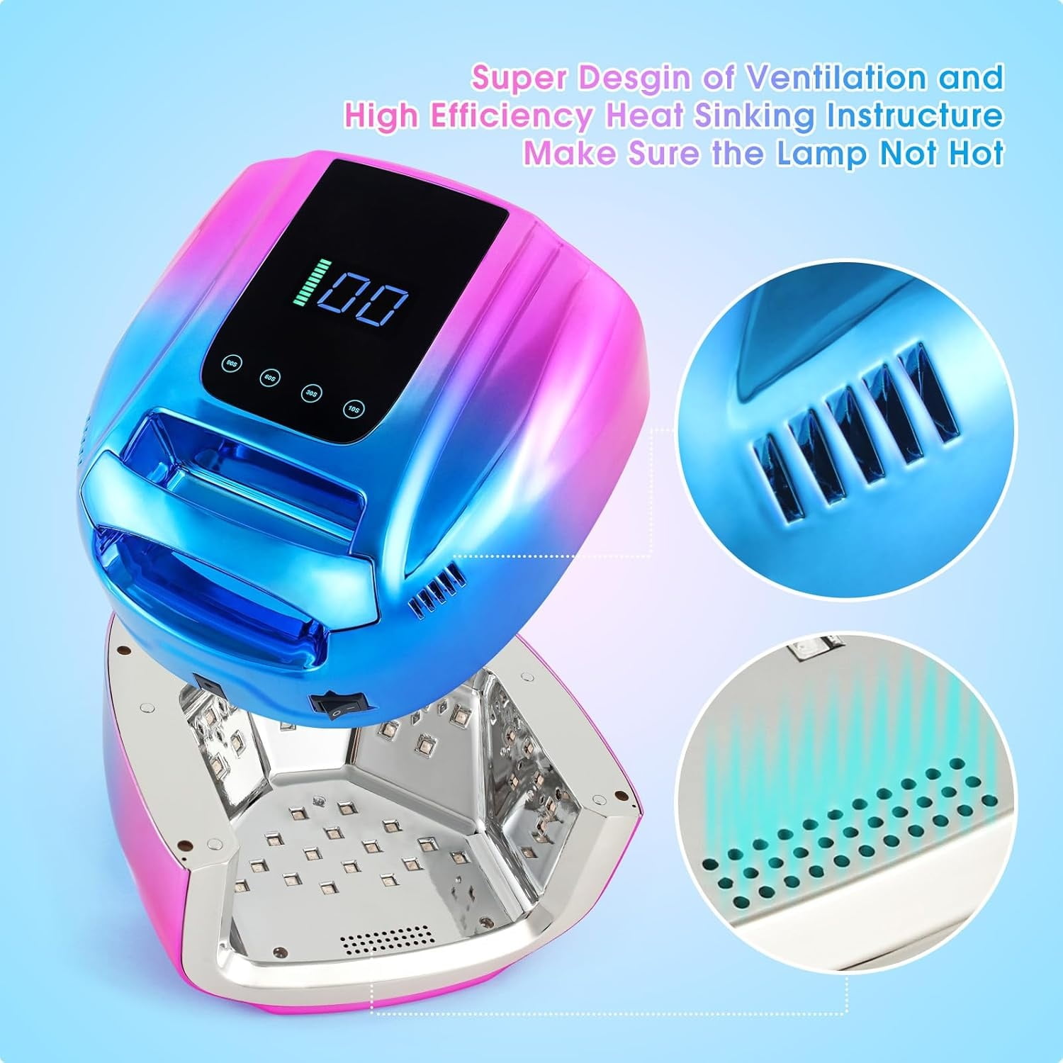 UV LED Nail Lamp 96W, Rechargeable UV Light for Gel Nails with Metal Base, Auto Sensor and 4 Timer Settings, Salon Quality UV Nail Light (Blue&Purple)