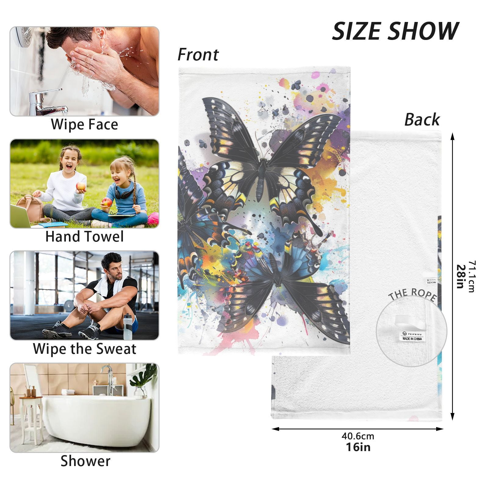 Black Butterflies Hand Towel Bath Towels Face Towels Cotton Absorbent for Home Hotel Spa Swimming Yoga Sports Decorative Towel Set of 2