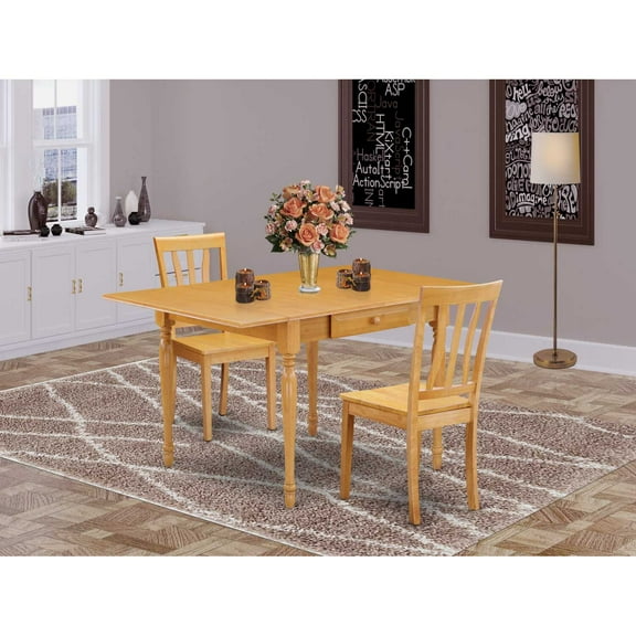 East West Furniture Monza 3-piece Wood Dining Set with Slat Back Chairs in Oak
