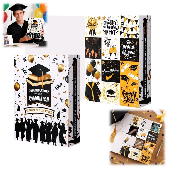 Graduation Gift Advent Calendar, 12-Day Surprise Box with Graduation-Themed Compartments, DIY Fillable Empty Gift Box for Graduates,Black