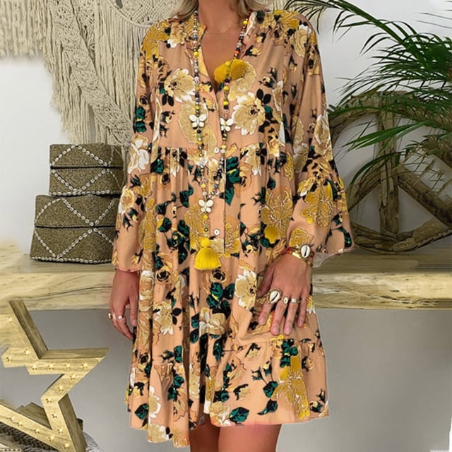 Womens Summer Dresses Ladies Plus Size Loose Print Long Sleeve V Button Mini Sundress Orange XXXXXL