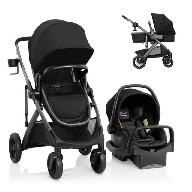 Sistema de viaje Evenflo Pivot Suite con asiento infantil para automóvil LiteMax con barra antirrebote Dunloe Black