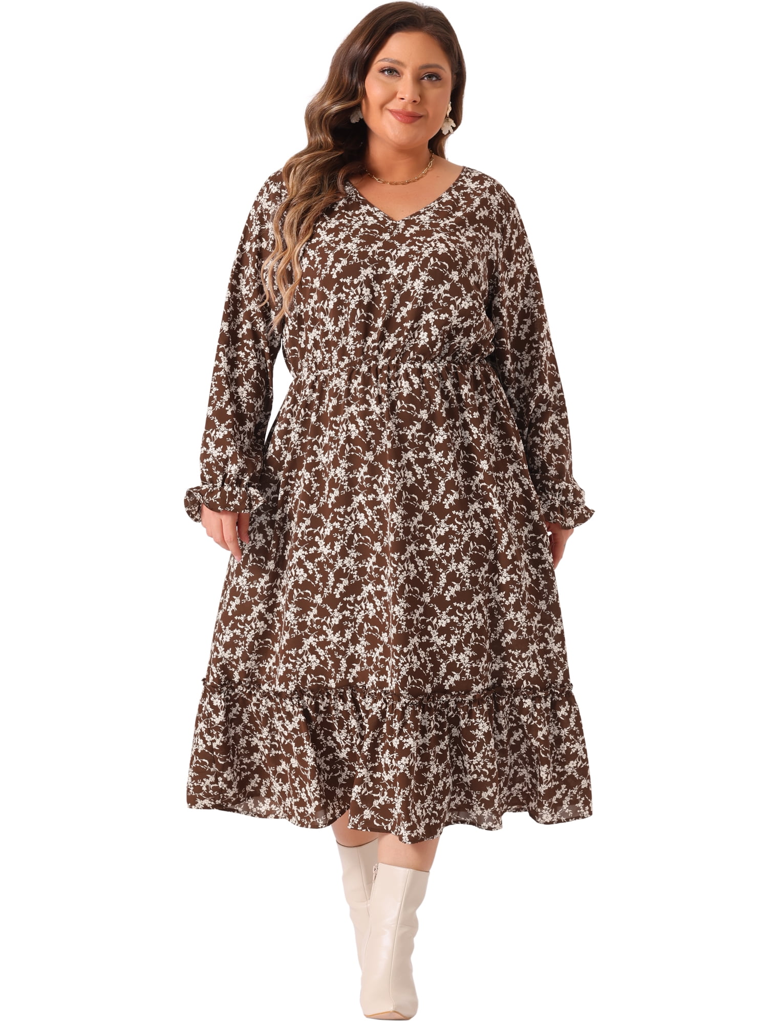 DARING DIVA Plus Size Floral Print V Neck Long Sleeve Maxi Dress 4X Brown