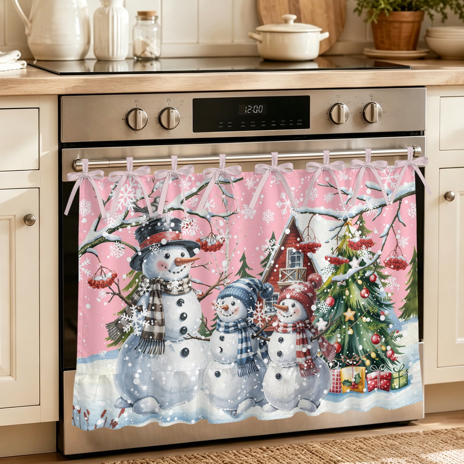 Oven Curtain for Kitchen Winter Snowman Snowflake Stove Curtain With Ruffled Trim Dishwasher Curtains Christmas Tree Berry Pink Oven Skirt 30 x21.5