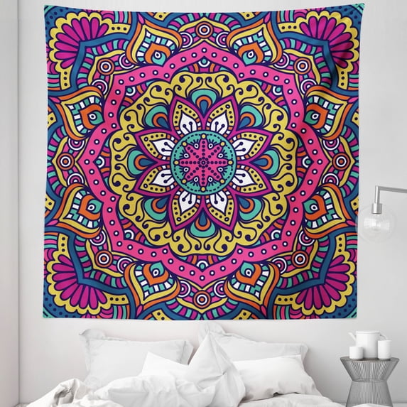 Mandala Tapestry, Colorful Abstract Motif Folk Inspired Cultures Floral of Cosmos, Fabric Wall Hanging Decor for Bedroom Living Room Dorm, 5 Sizes, Multicolor White, by Ambesonne