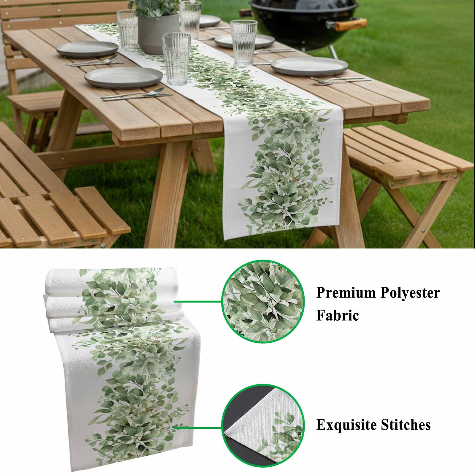 Spring Botanical Cotton Linen Table Runner Green Eucalyptus Leaves Dining Table Runners for Home Decor Party Dining Room Restaurant Kitchen 13" x 90"