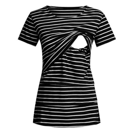 

Egmy Maternity O-Neck Stripeshort Sleeve Breast-Feeding Pregnant Woman Nursing Blouse