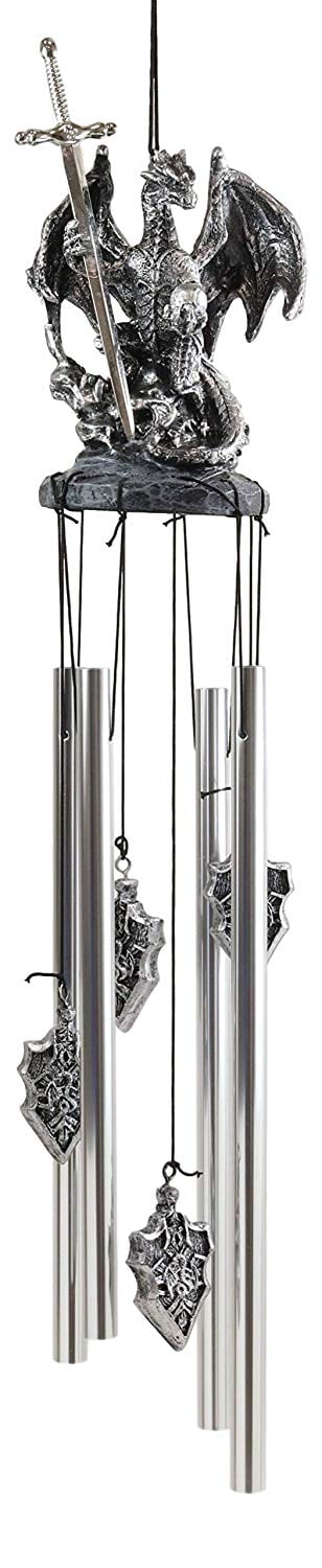 Medieval Silver Dragon Holding Excalibur Sword And Orb Figurine Wind Chime Decor