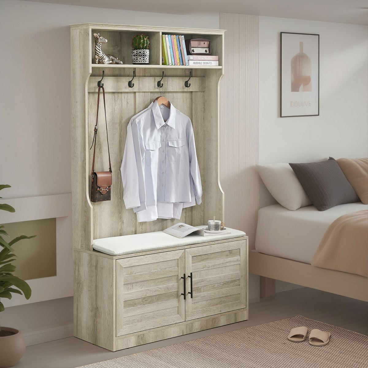 Wood Coat Rack, Storage Shoe Cabinet, with Clothes Hook, with Sponge Pad Product, Multiple Storage Racks, bedroom, porch wardrobe storage rack, Beige