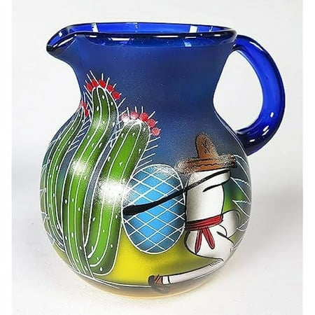 

Mexican Glass Margarita or Ice Tea Pitcher Hand Painted Pancho with Tequila Pina Agave and Saguaro Cactus