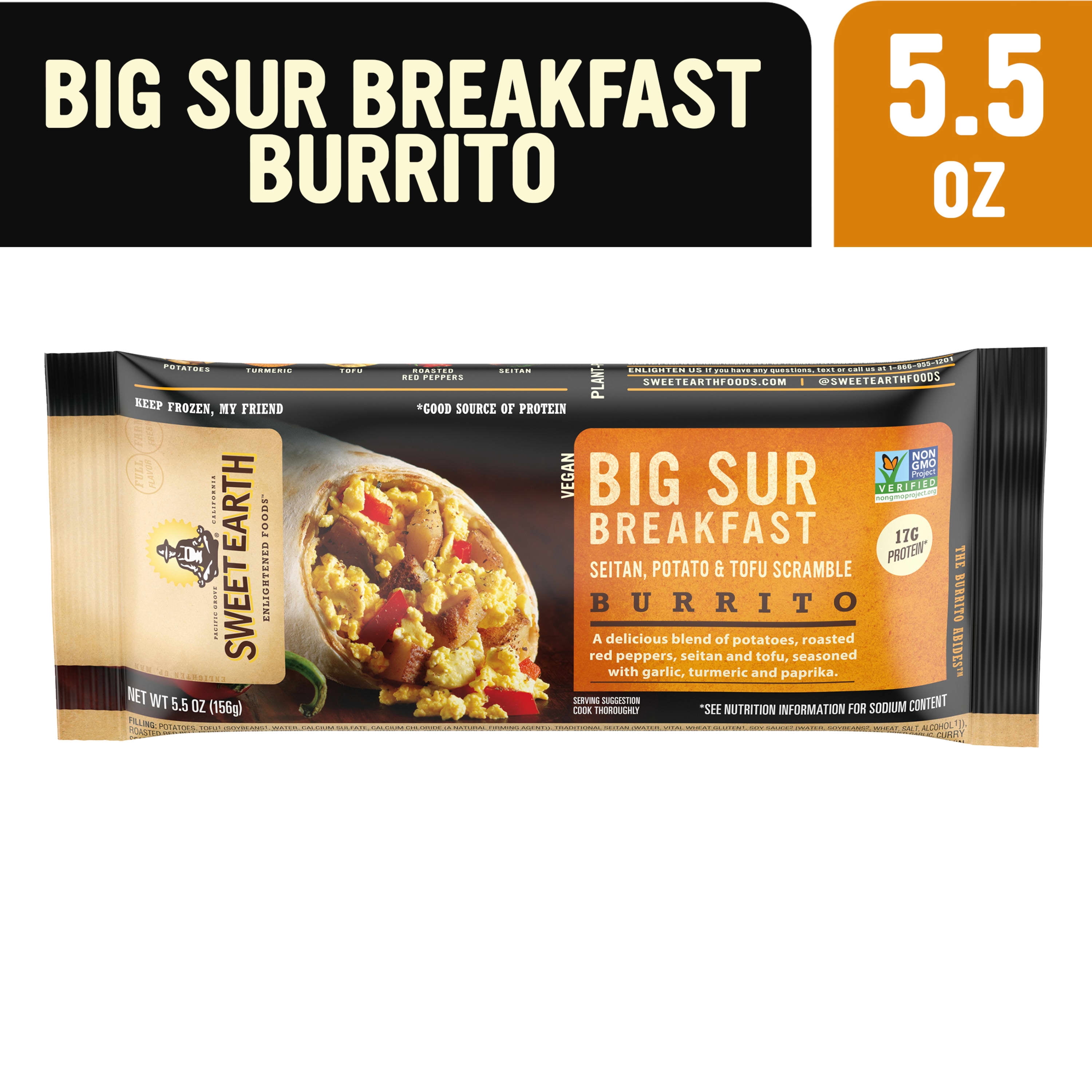 Sweet Earth Big Sur Frozen Breakfast Burrito, Vegan Frozen Burrito 5.5 Oz - Plant Based Protein Microwav 5.5 oz