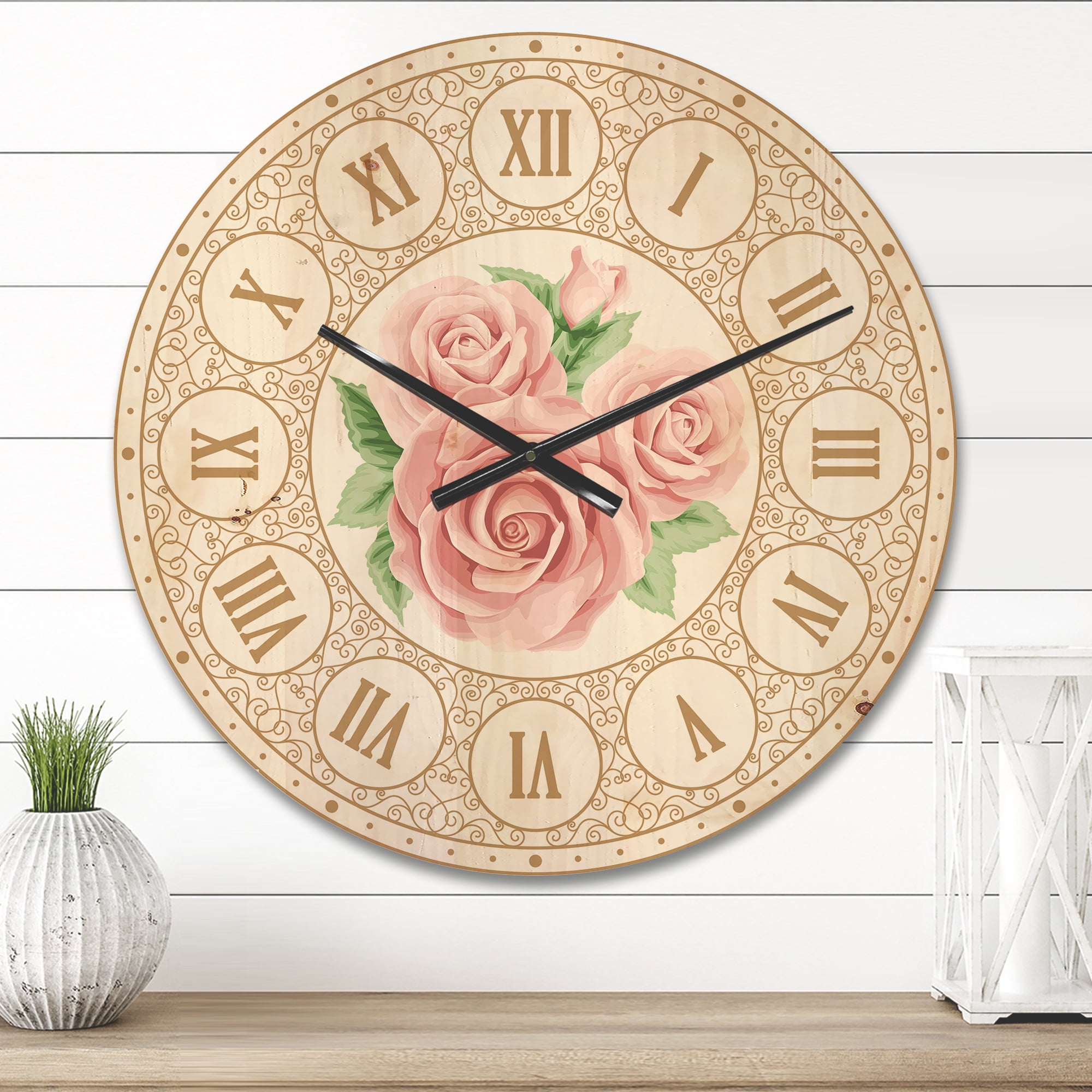 Designart 'Three Pink Roses Shabby Chic Vintage ' Modern Wood Wall Clock