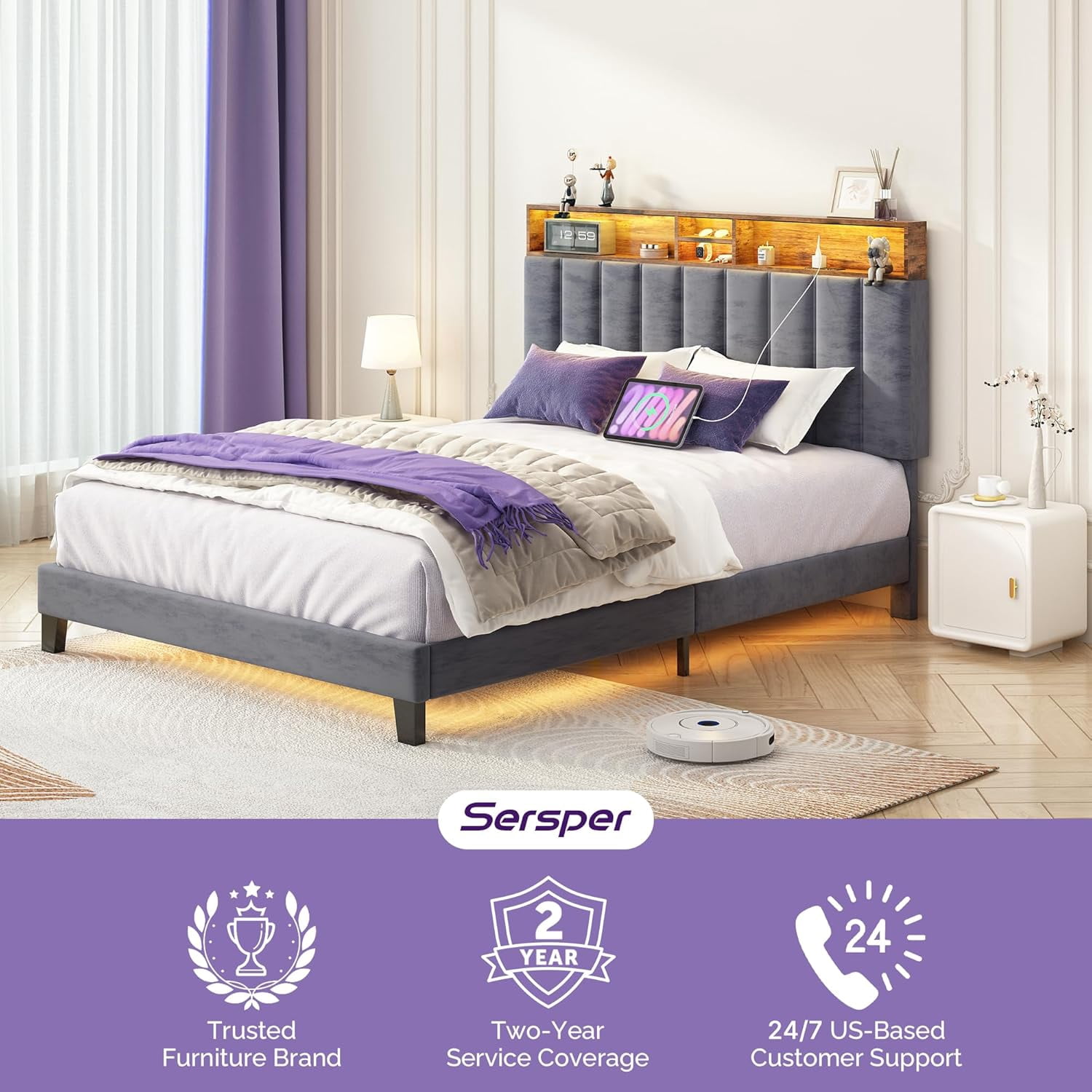 Sersper Full Size Platform Bed Frame with Storage Upholstered Headboard, Built-in Charging Station & RGB LED Lights, Noise-Free, Easy Assembly, Gray