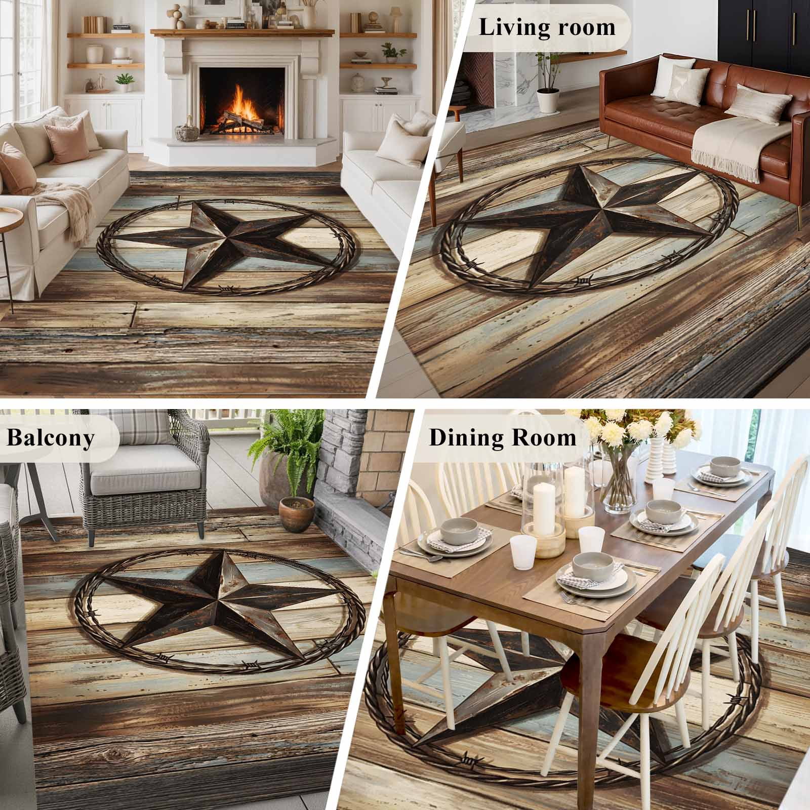 Rectangle Area Rugs 8 x 10 Ft, Western Texas Star Retro Non-Slip Residential Carpet, Rustic Farmhouse Wooden Brown Indoor Crawling Mats Runner Rugs for Living Room/Dining Room/Bedroom