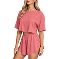 thumbnail image 2 of LEKWK Workout Sets for Women Short Sleeve Crewneck Crop Tops and Elastic Waist Shorts Loose Fit Solid Summer Fashion Athletic Running Gym Outfits, 2 of 6