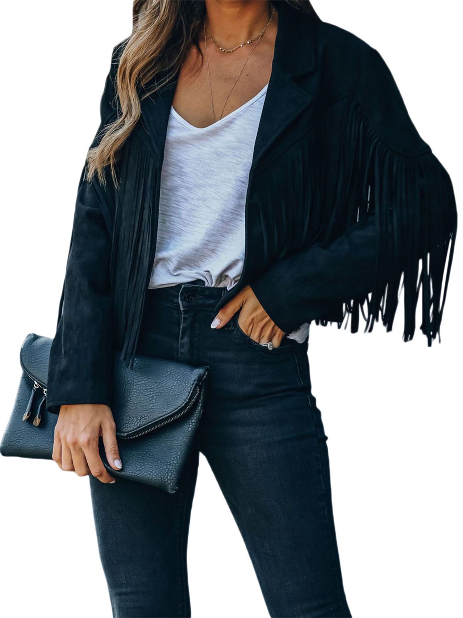 Michellecmm Women's Faux Suede Fringe Jacket Lapel Long Sleeve