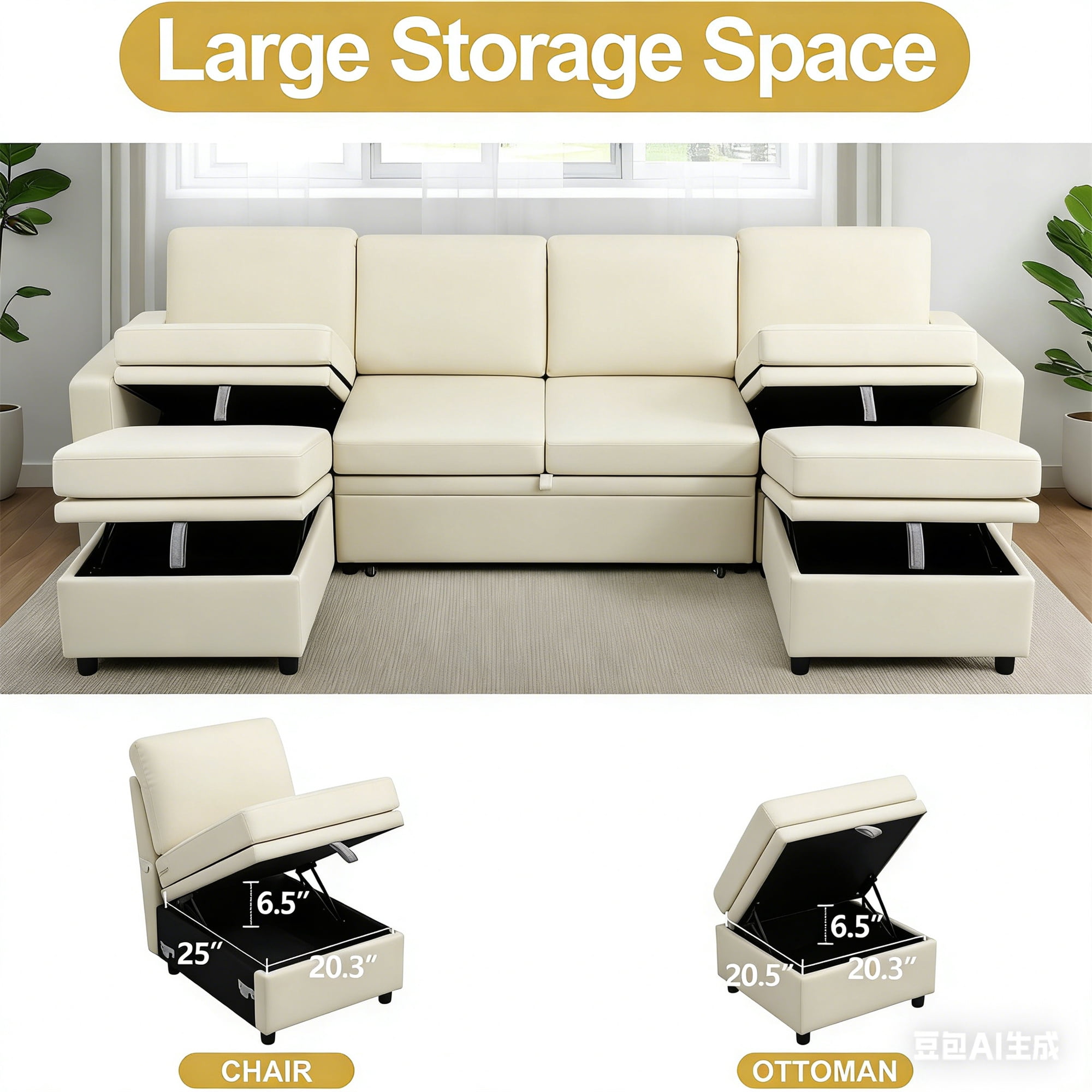 Aukfa 6-Seater Sectional Sofa Modular Couch with Storage Seat&Pull Out Bed for Living Room, Linen, Beige