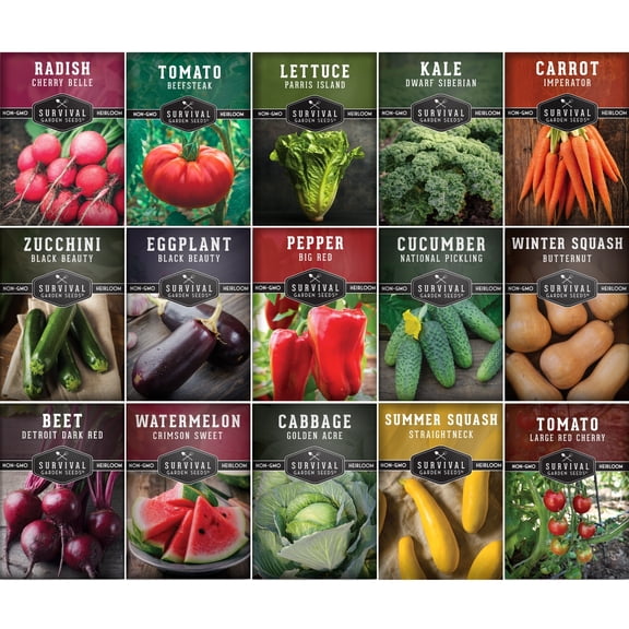 15 Pack Vegetable Garden Seed Collection - Non-GMO Heirloom Full Sun Annuals