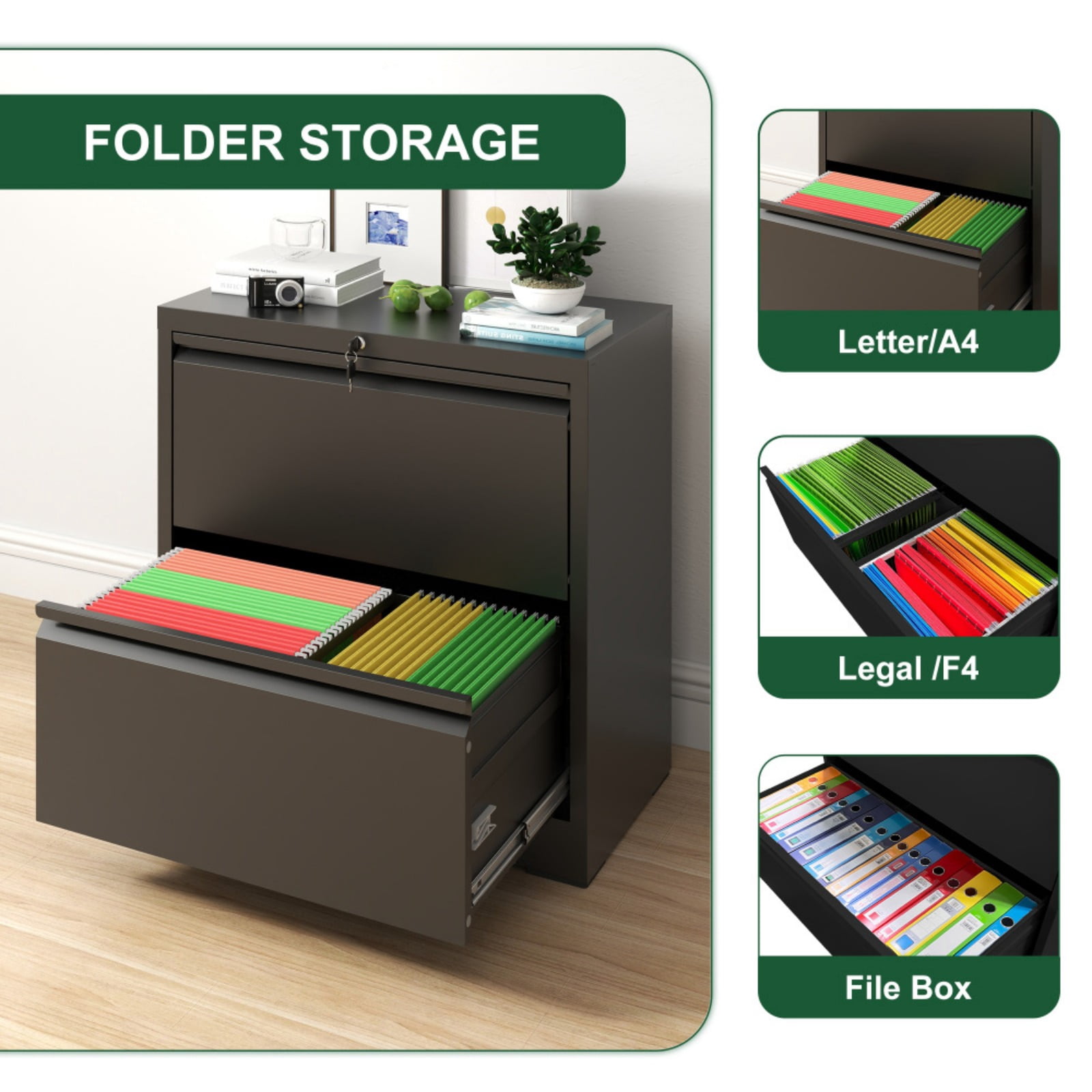 2 Drawer Lateral File Cabinet with Lock, Metal Lateral Filing Cabinet for Home Office, Steel Wide Horizontal Filing Cabinets for Letter/Legal/A4/F4 Hanging Files (Black)
