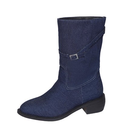 

hopeusnice Women s Buckle Denim Mid Calf Boots Winter Warm Ankle Boots Fashion Low Heel Round Toe Buckle Decorated Comfortable Footwear Blue 36