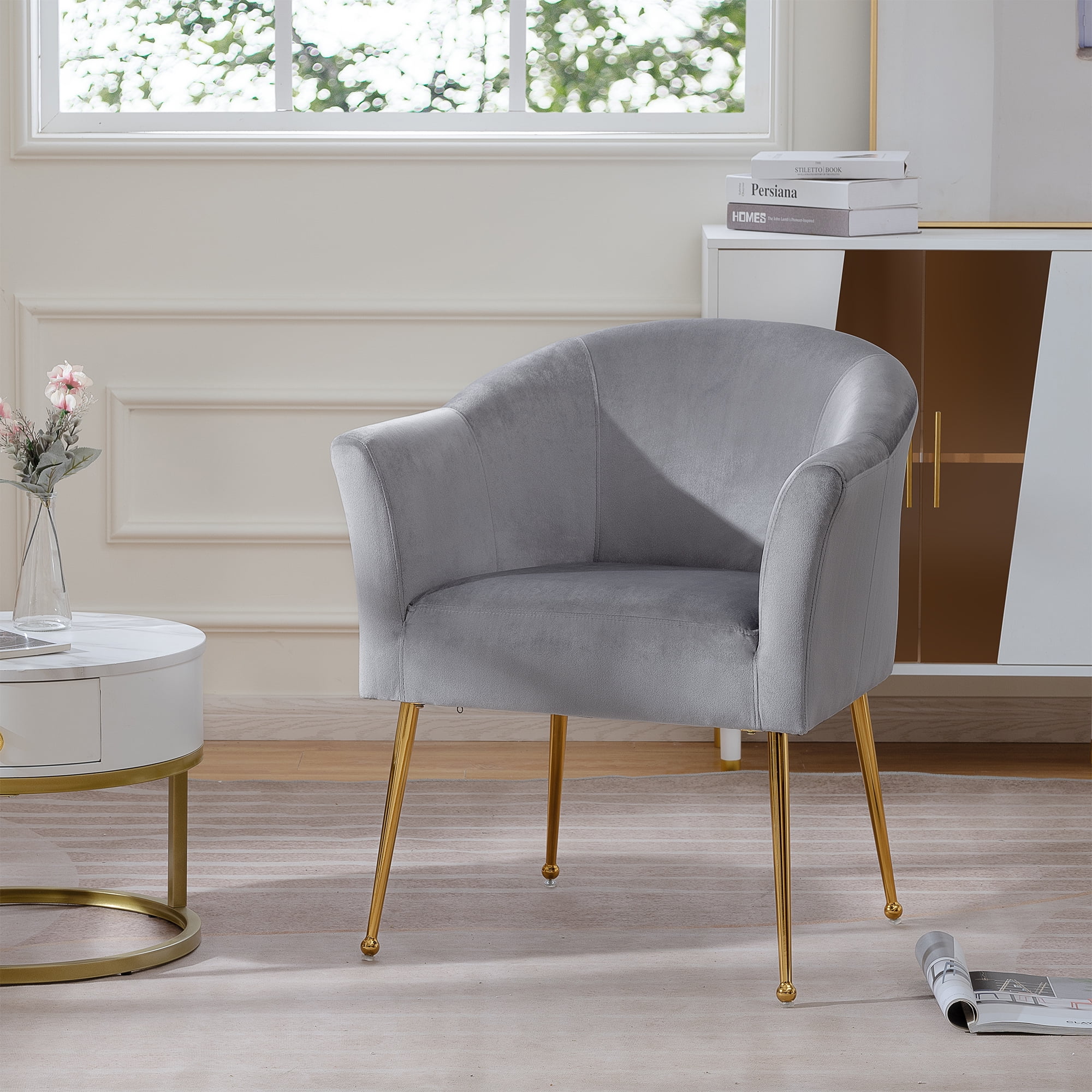 YYAo Velvet Accent Chair, Upholstered Comfy Armchair with Metal Legs for Bedroom, Living Room, Gray YYAo Velvet Accent Chair, Upholstered Comfy Armchair with Metal Legs for Bedroom, Living Room, Gray