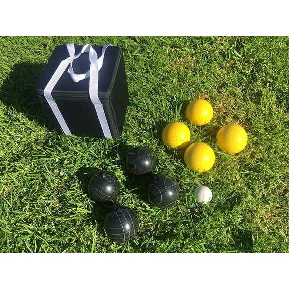 New Listing - (22 of 28) Unique Bocce Sets - 107mm with Black and Yellow Balls, Black Bag