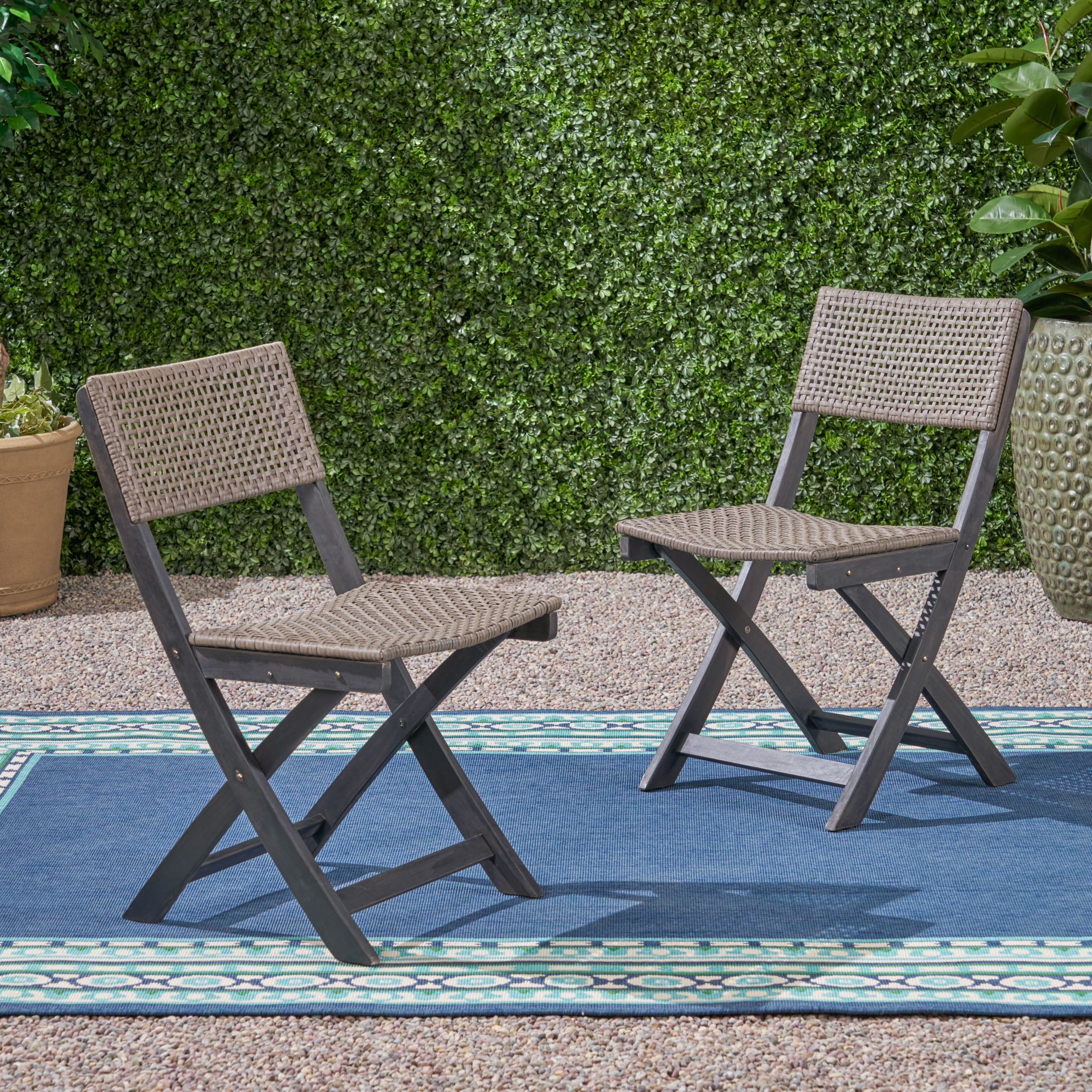 Outdoor Foldable Wicker Bistro Chair Set of 2, Portable Relax Seats for Patio Garden, Dark Gray