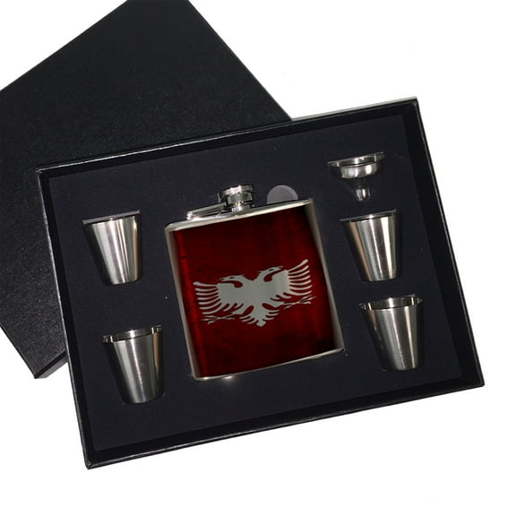 KuzmarK 6 oz. Stainless Steel Flask Set in Black Presentation Box - Albanian Flag