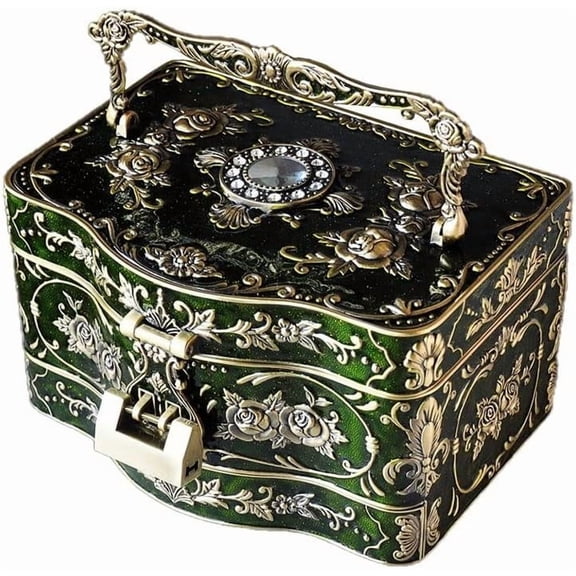 Vintage Metal Jewelry Box with Lid & Handle, Antique Princess-Style Trinket Box with Embossed Floral Design and Velvet Interior