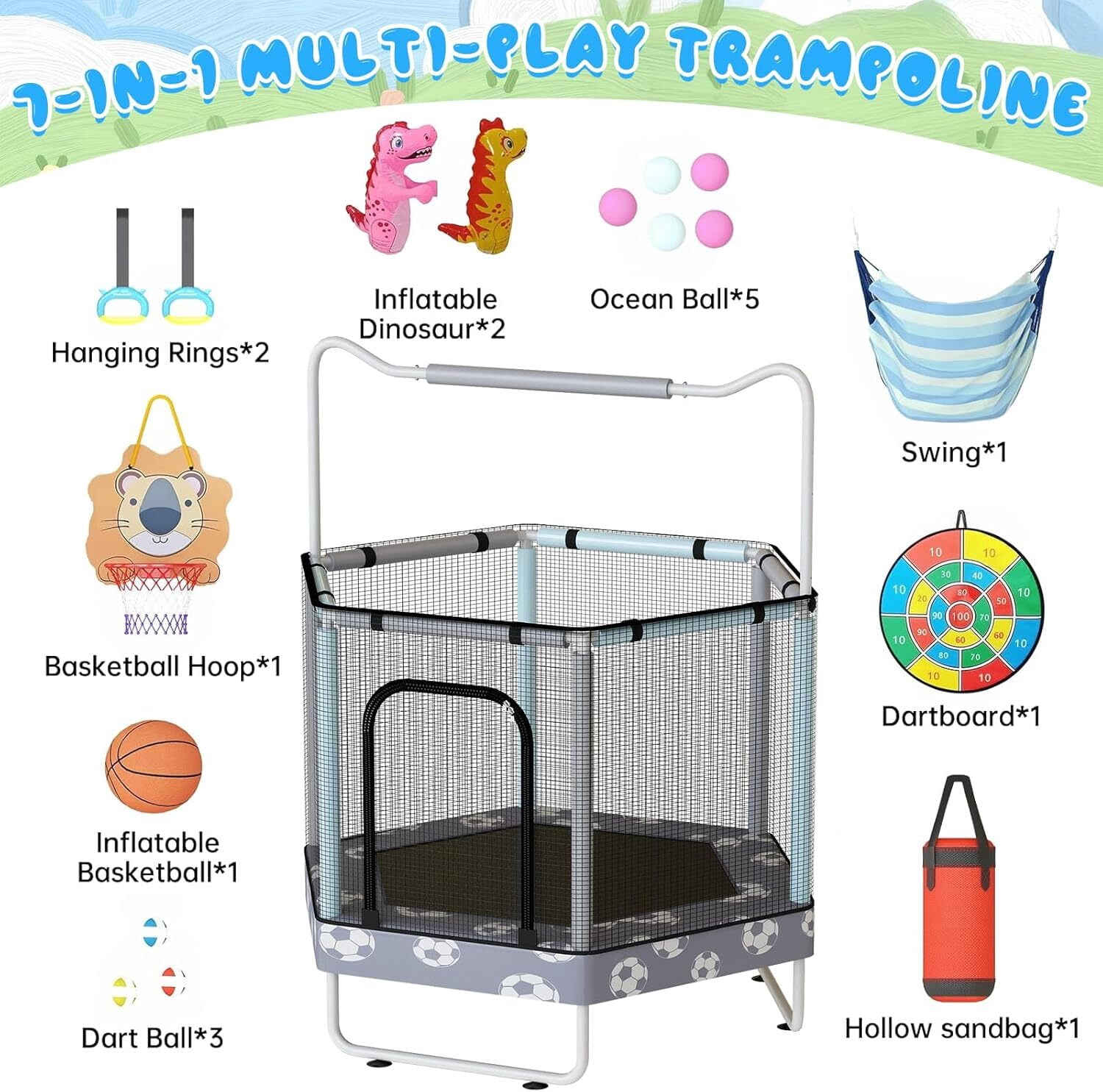 MOOSENG 7-in-1 Kids Trampoline with Safety Enclosure Net, 55" Hexagonal Indoor Outdoor Toddler Trampoline for Ages 1-8, Adjustable Handrail, Basketball Hoop, Gymnastic Rings