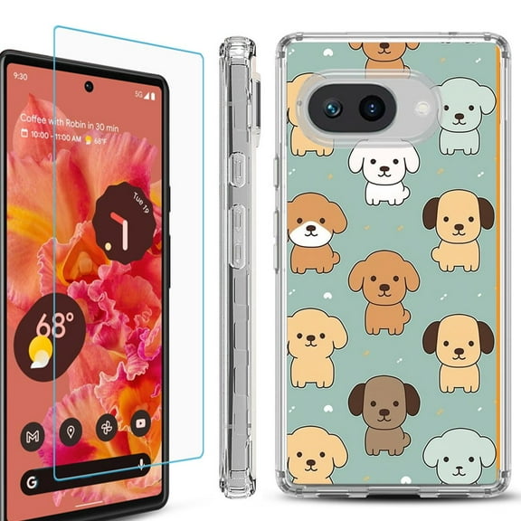 For Google Pixel 9a Phone Case Cover, Shockproof Bumper Case with Tempered Glass Screen Protector, by OneToughShield - Puppies