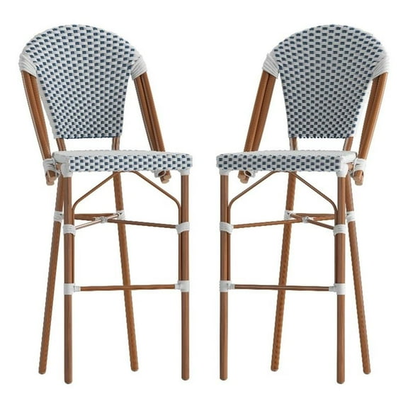 Pemberly Row Modern 30.25" Rattan Stools in White/Navy (Set of 2)