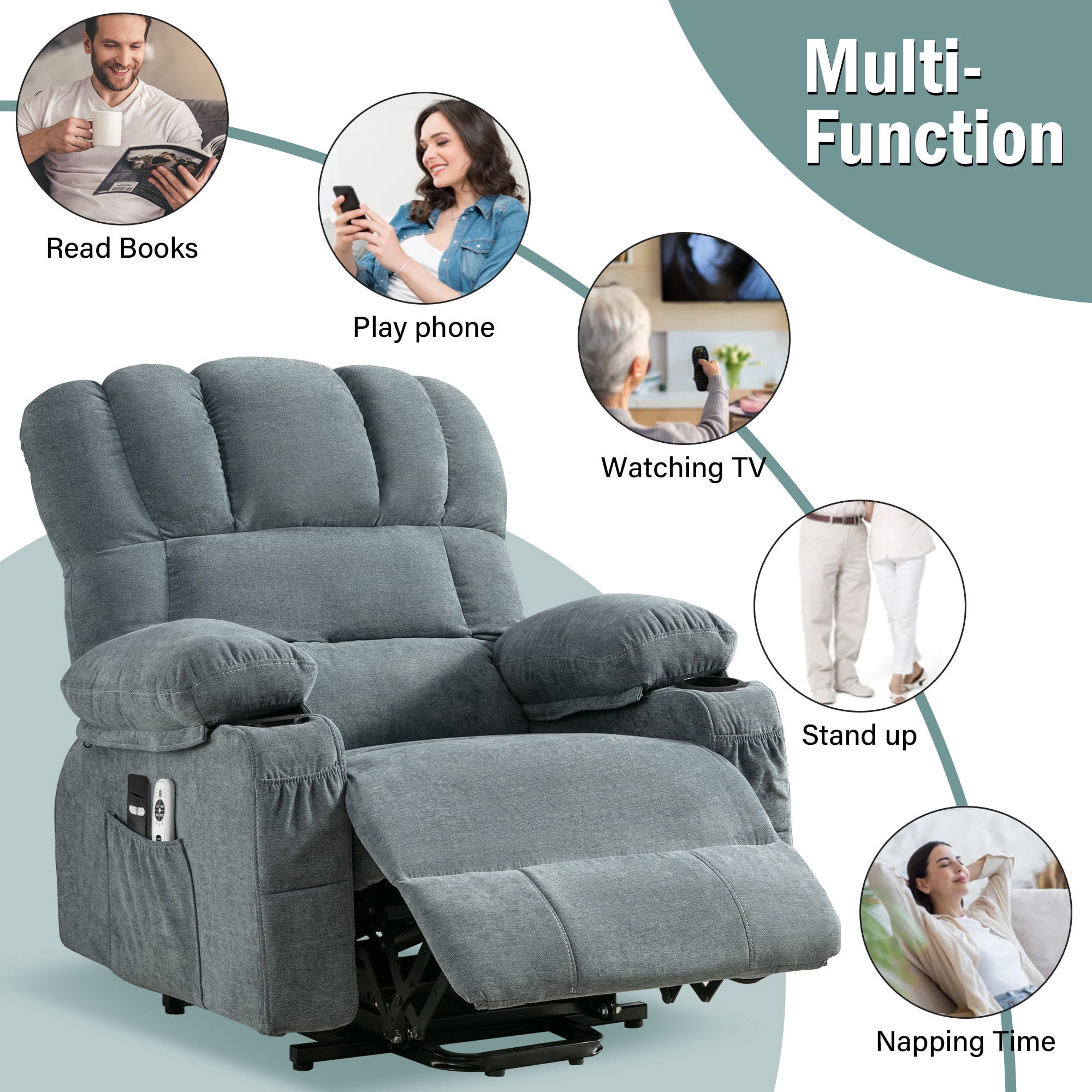 Power Lift Recliner Chairs with Massage and Heat, UHOMEPRO Electric Fabric Recliner Chair for Elderly, Living Room Furniture with USB Charge Port, 2 Cup Holders, and Side Pocket, Blue