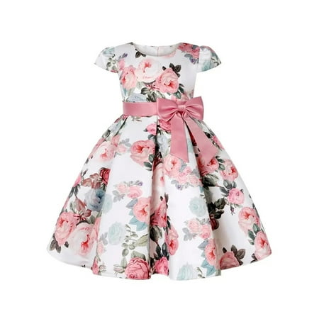 

EYIIYE Kids Girls Summer Princess Dress Short Sleeve Flower Print Bowknot A-line Dress for Casual Daily