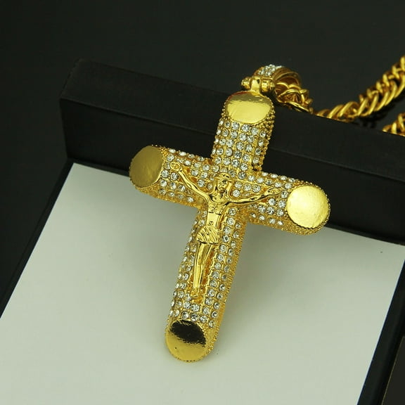 High Quality 14K Yellow Gold Men Women Clear Cubic Zirconia Jesus Crucifix Cross Charm Pendant Jewelry